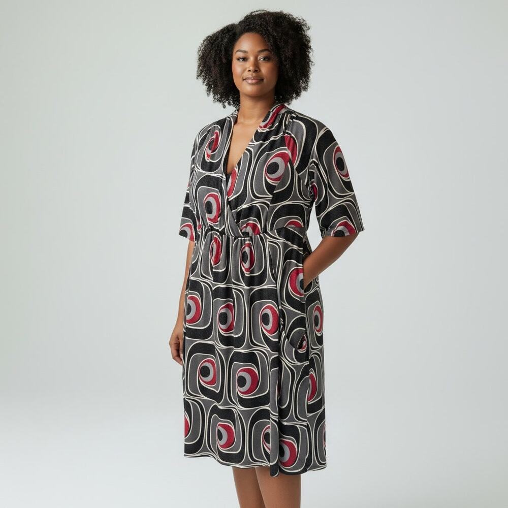 Alyx Fit & Flare Dress Womens Size 14 Multicolor Geometric Print V Neck Pockets